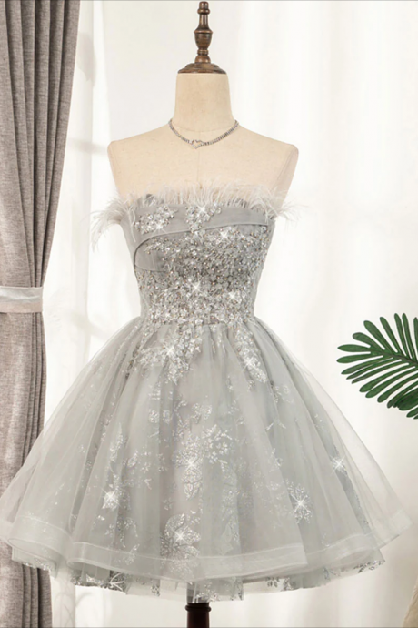 Gray Sweetheart Lace Tulle Short Prom Dress Gray Homecoming Dress