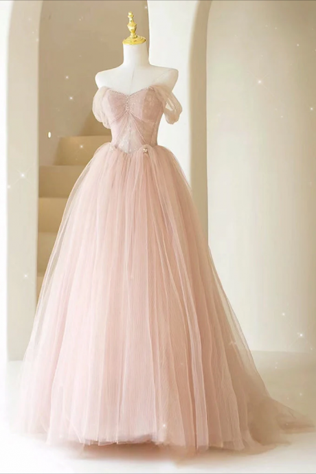 Prom Dresses, A-line Sweetheart Neck Tulle Lace Long Pink Prom Dress, Pink Party Dress With Beads
