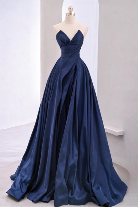 Prom Dresses, A-line V Neck Satin Dark Blue Long Prom Dress, Blue Long Formal Dress