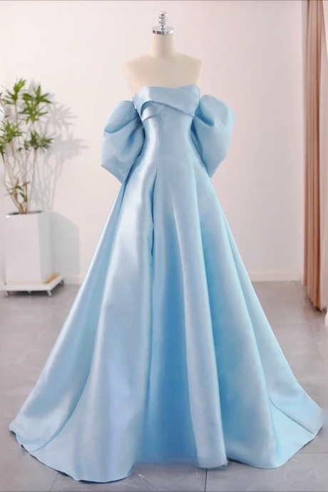 Prom Dresses, A-line Sweetheart Neck Satin Blue Long Prom Dress, Blue Long Formal Dress