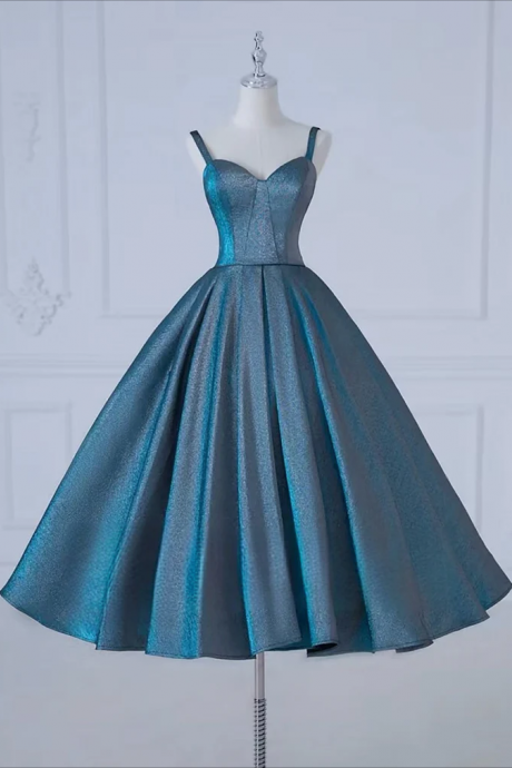 Prom Dresses, A-line Sweetheart Neck Satin Tea Length Blue Prom Dress, Blue Formal Dress