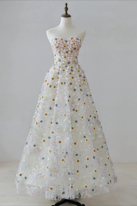 Prom Dresses, A-line Sweetheart Neck Tulle Lace Flower Beige Long Prom Dress, Beige Long Formal Dress