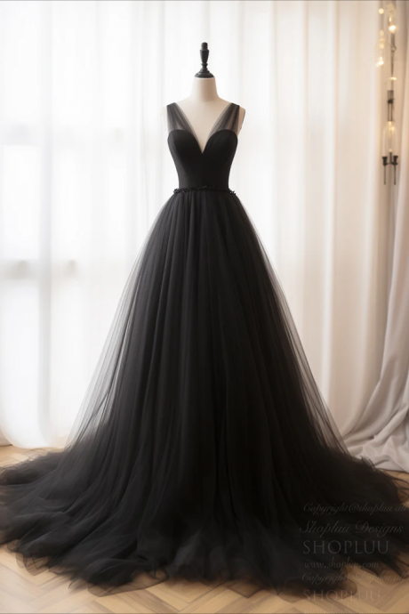 Prom Dresses, A- Line V Neck Tulle Black Long Prom Dress, Black Tulle Formal Dress