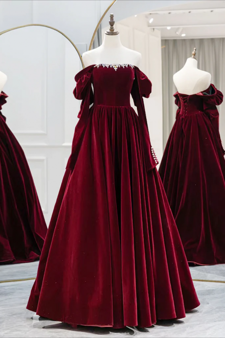Prom Dresses, A-line Long Sleeves Velvet Burgundy Long Prom Dress, Burgundy Long Evening Dress With