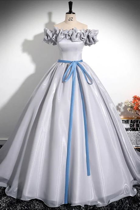Prom Dresses, A-line Off Shoulder Gray Satin Long Prom Dress, Gray Long Formal Dress