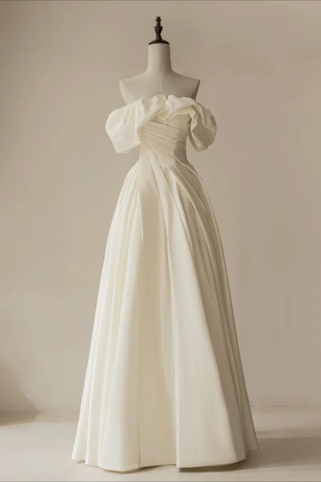 Prom Dresses, A-line Off Shoulder Ivory Satin Long Prom Dress, Ivory Long Formal Dress