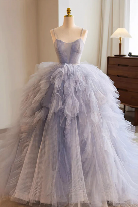 Prom Dresses, Blue Tulle Long Prom Gown, Blue Tulle Long Sweet 16 Dress