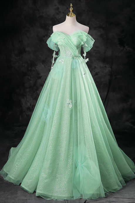 Prom Dresses, Green A-line Off Shoulder Tulle Long Prom Dress, Green Long Formal Dress