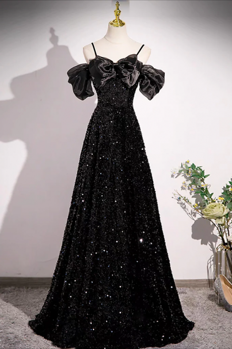 Prom Dresses, Black Off Shoulder Velvet Sequin Long Prom Dress, Black Long Evening Dress