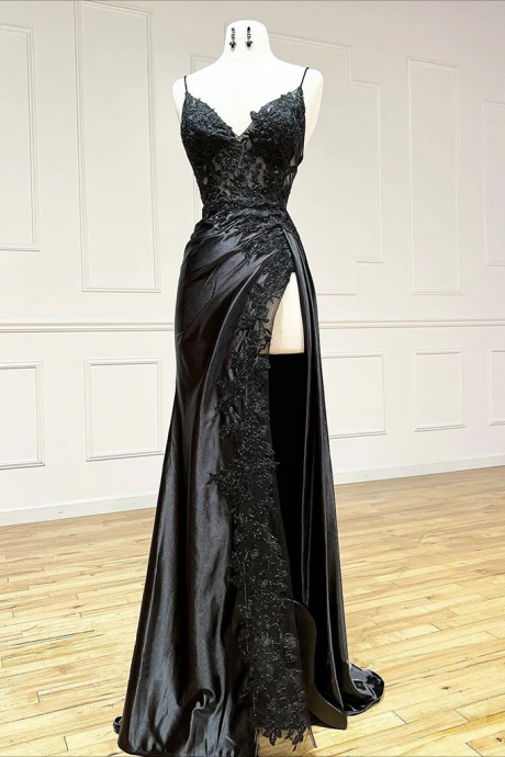 Prom Dresses, Black V Neck Satin Lace Long Prom Dress, Black Lace Long Evening Dress
