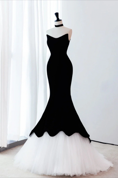 Blackwhite Velvet Mermaid Long Prom Dress, Black Formal Evening Dress