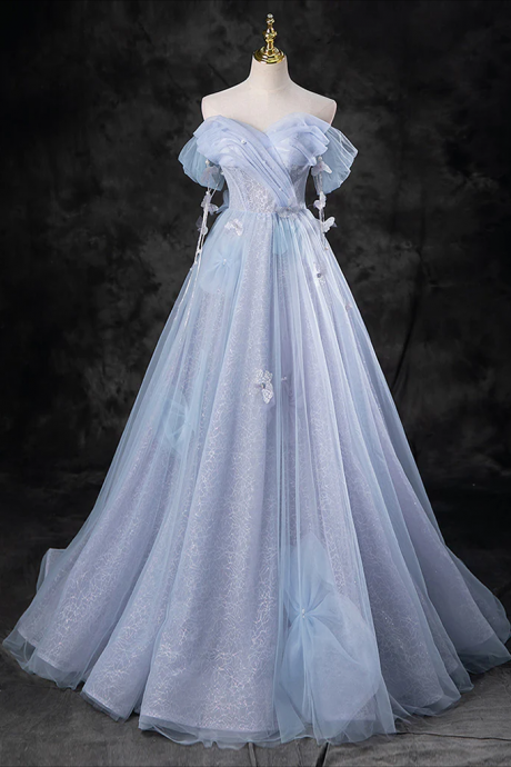 Prom Dresses, Blue A-line Off Shoulder Tulle Long Prom Dress, Blue Formal Dress