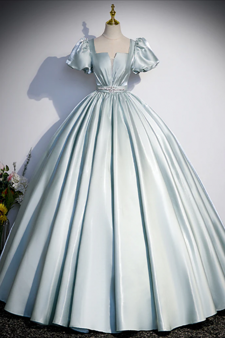 Prom Dresses, Blue A-line Satin Long Prom Dress, Blue Satin Long Evening Dress