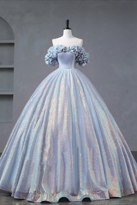 Prom Dresses, A-line Off Shoulder Tulle Sequin Blue Purple Long Prom Dress, Sequin Formal Dress
