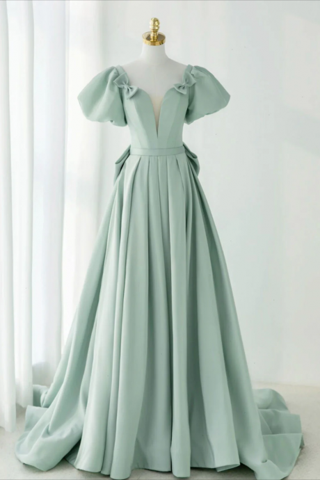 Prom Dresses, A-line Puff Sleeves Green Long Prom Dress, Green Formal Dress