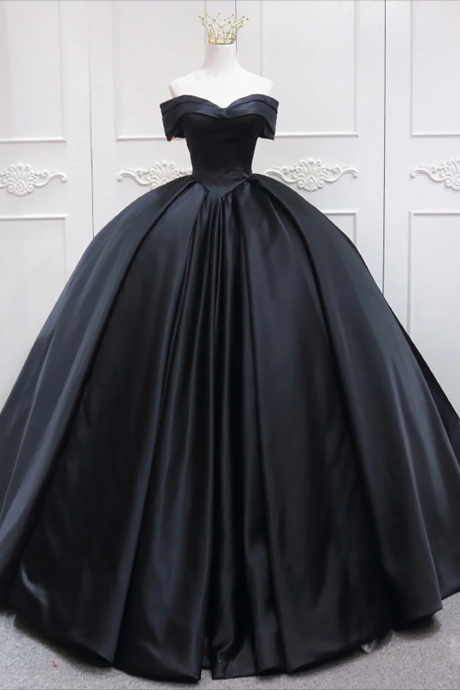 Prom Dresses, Black Sweetheart Neck Satin Long Prom Gown, Black Sweet Dress