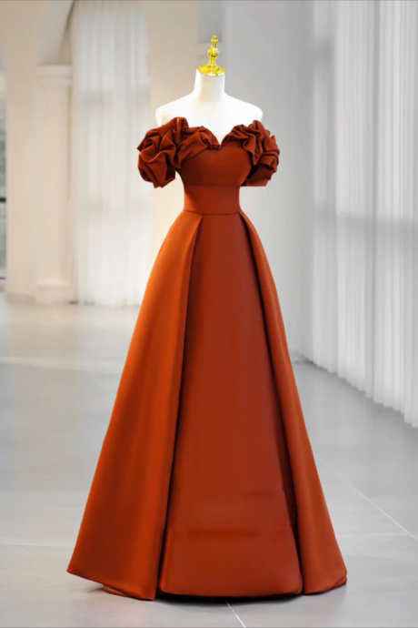 Prom Dresses, A-line Off Shoulder Satin Orange Long Prom Dress, Orange Formal Evening Dress