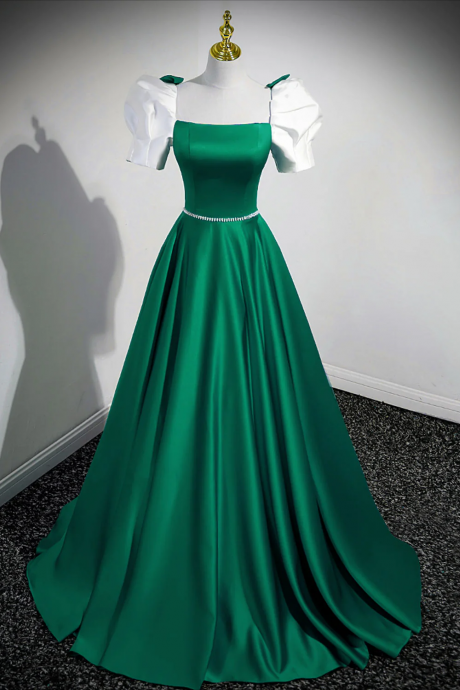 Prom Dresses, A-line Satin Green Long Prom Dresses, Green A-line Formal Dresses