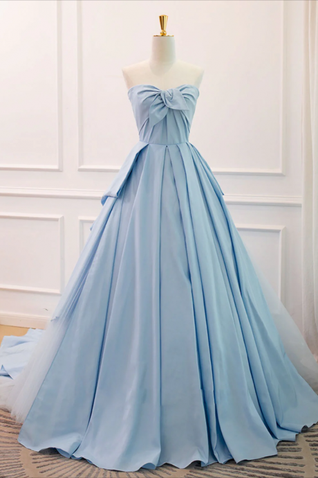 Prom Dresses, A-line Sweetheart Neck Satin Tulle Blue Long Prom Dress, Blue Evening Dress