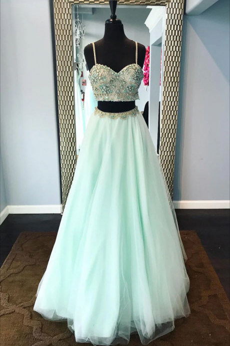 Dark Royal Blue Tulle Long Prom Dresses, Formal Party Dress With Beading PO289