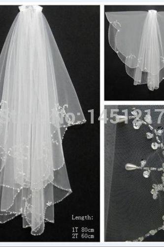 New 2T with Comb Handmade beaded White Ivory Beads Pearl Wedding Bridal Veil