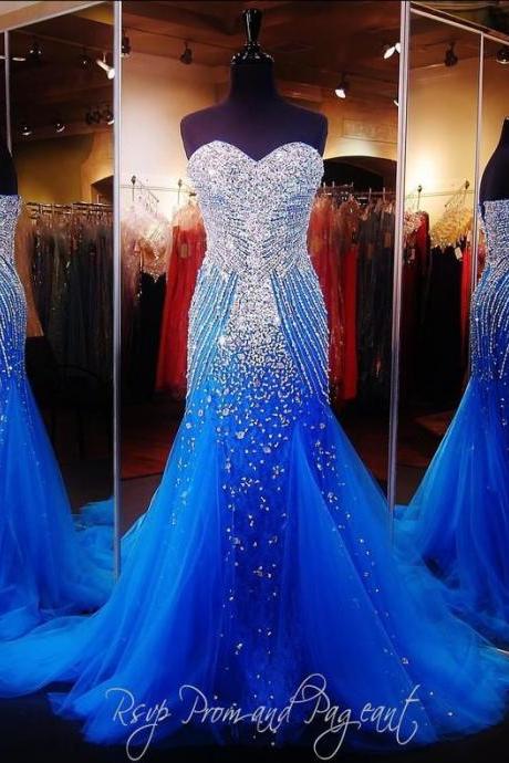 2017 Luxury Blue Mermaid Prom Pageant Dress with Sweetheart Sleeveless Sweep Train Sparkling Crystal Beading Tulle Formal Christmas Evening Dress