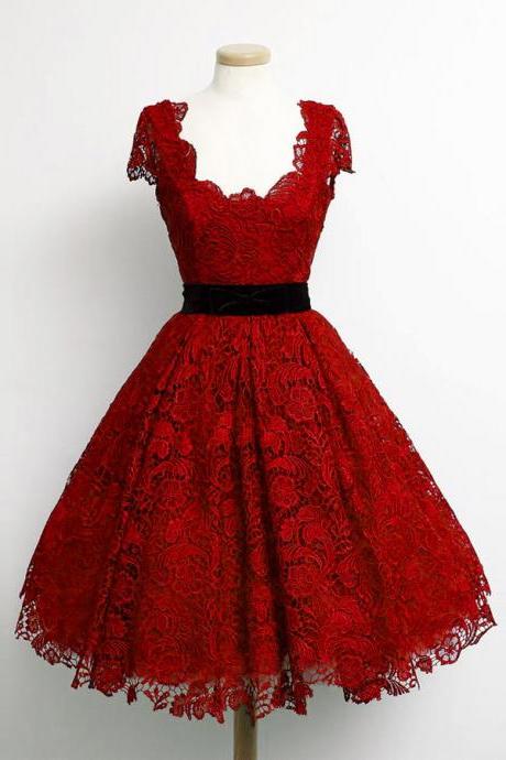 Charming Dark Red Lace Cap Sleeve Prom Party Dresses 2016 Elegant Knee Length A Line Plus Size Celebrity Dresses Gala