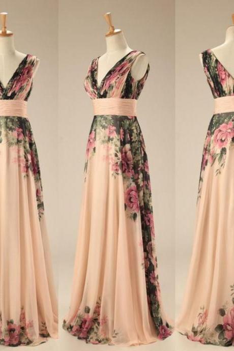 Chiffon Long Formal Evening Dresses 2016 Sell Classic Fashionable V Neck Print Prom Dresses Party Gowns