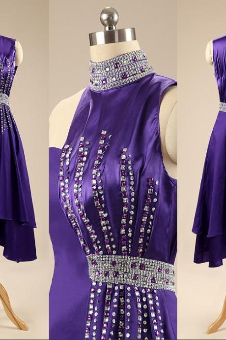 Custom Made Purple Fashion Cocktail Dresses High Neck Crystals Beaded Prom Dresses Party Gowns Formal Dresses