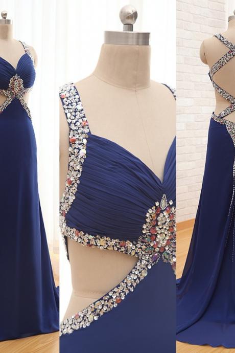 Navy Blue Sexy Prom Dresses,long Chiffon Prom Dresses,backless Prom Dresses,spaghetti Prom Dresses 2016 Prom Dresses