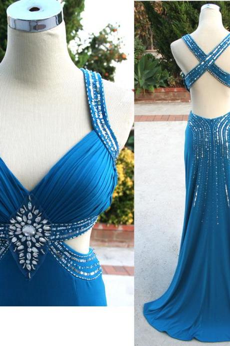 New Arrival Blue Sheath sweetheart Spaghetti Backless Sequined Crystals Floor Length Chiffon Party Dresses Prom Dress Gowns