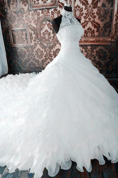 Charming Wedding Dress,2017 Wedding Dress,luxury Wedding Dress,halter Wedding Dress,lace Wedding Dress,ruffles Organza Wedding Dress,long Tail
