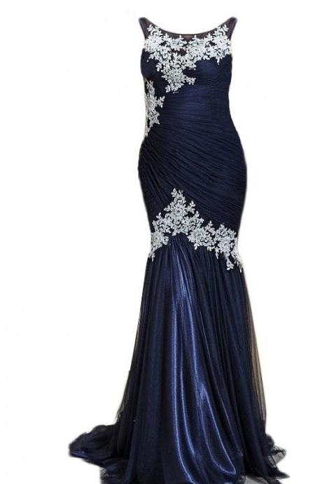 Evening Dress,long Tulle Evening Dress,navy Blue Evening Dresses,lace Appliques Evening Dresses,mermaid Prom Dresses, Formal Evening Gowns, Party