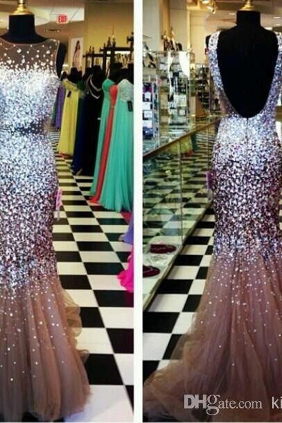 Exquisite Prom Dresses Sheer Bateau Neck Glitter Crystal Beaded Mermaid Backless Floor Length Tulle Exclusive Evening Gowns