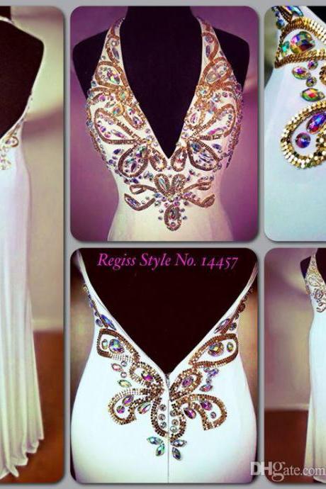 Colorful Rhinestones Beaded Prom Dresses Halter Sheath Backless Floor Length Side Slit Evening Pageant Gowns