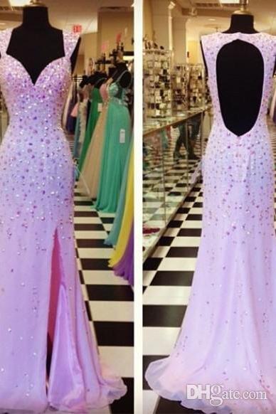 SReal Sample Prom Dresses Hot Sale Crystal Beaded A-Line Straps Sweetheart Neck Backless Long Chiffon Side Slit Evening Gowns