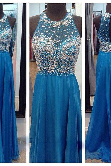Crystal Prom Dresses, Blue Evening Dress, Chiffon Evening Gowns Party Dresses, Floor Length Formal Dress