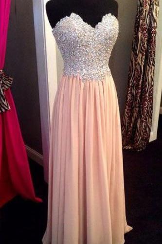 Custom Made Pink Chiffon Prom Dress,long Prom Dress, Prom Dress,a Line Sweetheart Prom Dresses,blush Beadings Evening Prom Gowns,custom Made