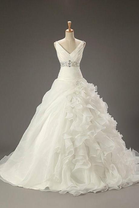 Classic white wedding wedding dress V-neck spaghetti straps pleated long tail wedding dress wedding custom 46810121416 +++