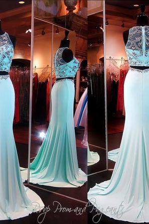 Real Image Sexy Prom Dresses Two 2 Pieces Bling Luxury Sparkle Mermaid Sheer Neck Beads Rhinestones Crystals See-through Back Long Formal Evening