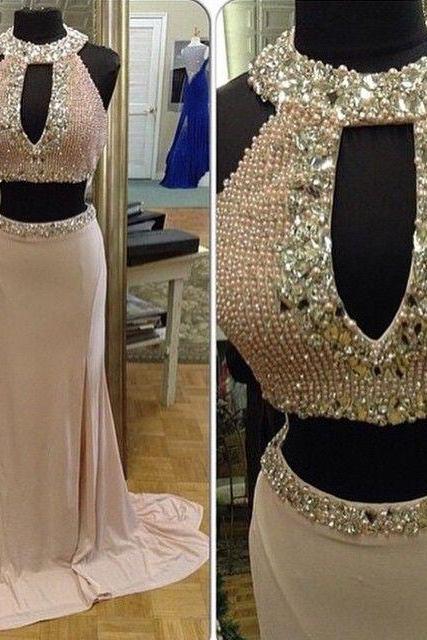 Real Iamge Picture Luxury Bling Sparkle Evening Dresses Two 2 Pieces Crew Pearls Rhinestones Beads Satin Long Formal Prom Party Gowns