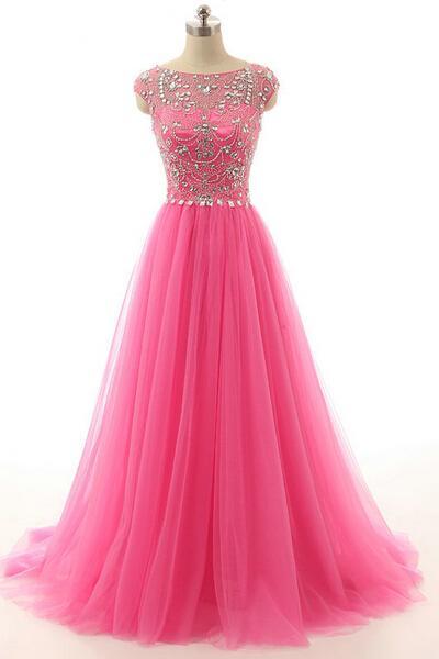 Long prom dress, cap sleeve prom dress, tulle prom dress, modest prom dress, pink prom dress, formal prom dress, inexpensive prom dress, modest prom dress