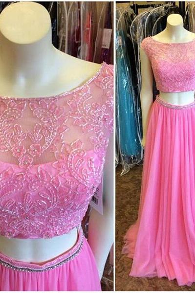 Long Prom Dress, Pink Prom Dress, Charming Prom Dress, Elegant Prom Dress, Cap Sleeve Prom Dress, Two Piece Prom Dress, Junior Prom Dress,