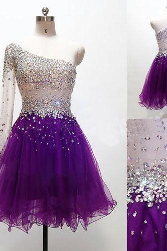 One shoulder homecoming dress, purple homecoming dress, gorgeous homecoming dress, knee-length homecoming dress