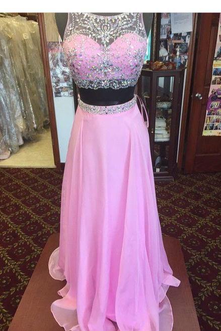 2 Piece Prom Gown,two Piece Prom Dresses,pink Evening Gowns,2 Pieces Party Dresses,chiffon Evening Gowns,glitter Formal Dress,sparkly Evening