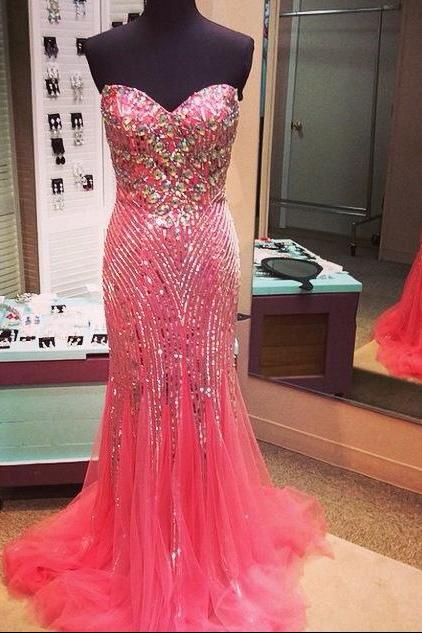 Pink Sweetheart Neckline Crystal Embellished Floor Length Tulle Guest Wedding Dress