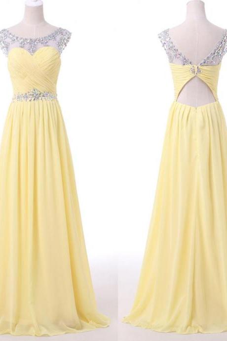 Yellow Bateau Neckline Chiffon Floor-length Dress Featuring Illusion Beaded Sweetheart Bodice