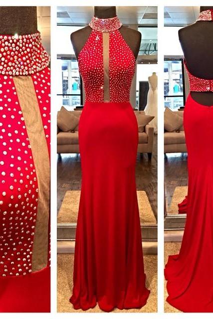 Halter Plunging Crystal Beaded Mermaid Long Prom Dress, Evening Dress Featuring Open Back