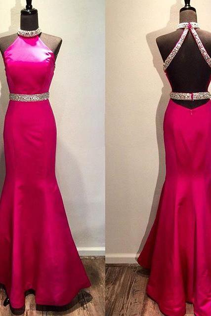 Pink Halter Beaded Mermaid Floor-length Prom Dress, Evening Dress Featuring Open Back