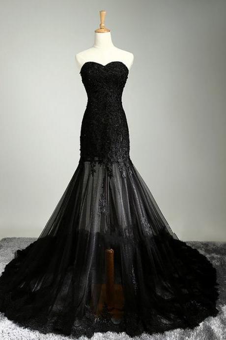 Black Long Mermaid Dress Sweetheart Sleeveless Tulle Appliques Evening Gowns Party Prom Dresses
